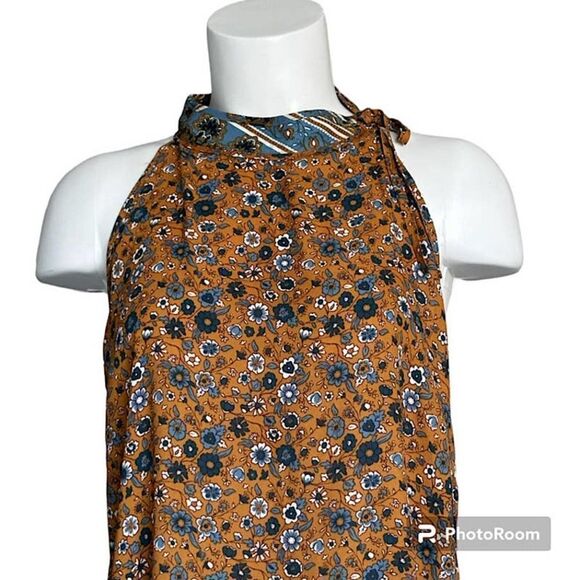 41 Hawthorn Sleeveless Tunic Top Side Tie Neckline Golden Dijon Floral Size L - Picture 2 of 8